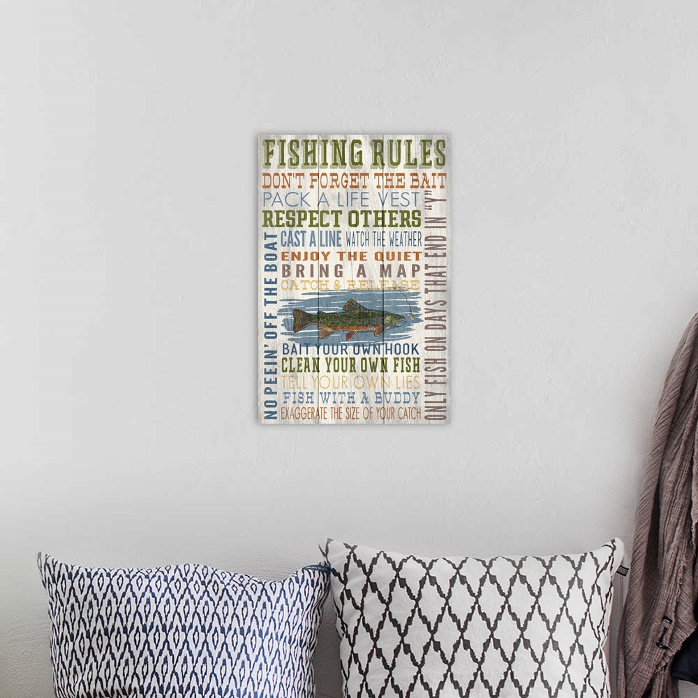 A bohemian room featuring Fishing Rules Typography