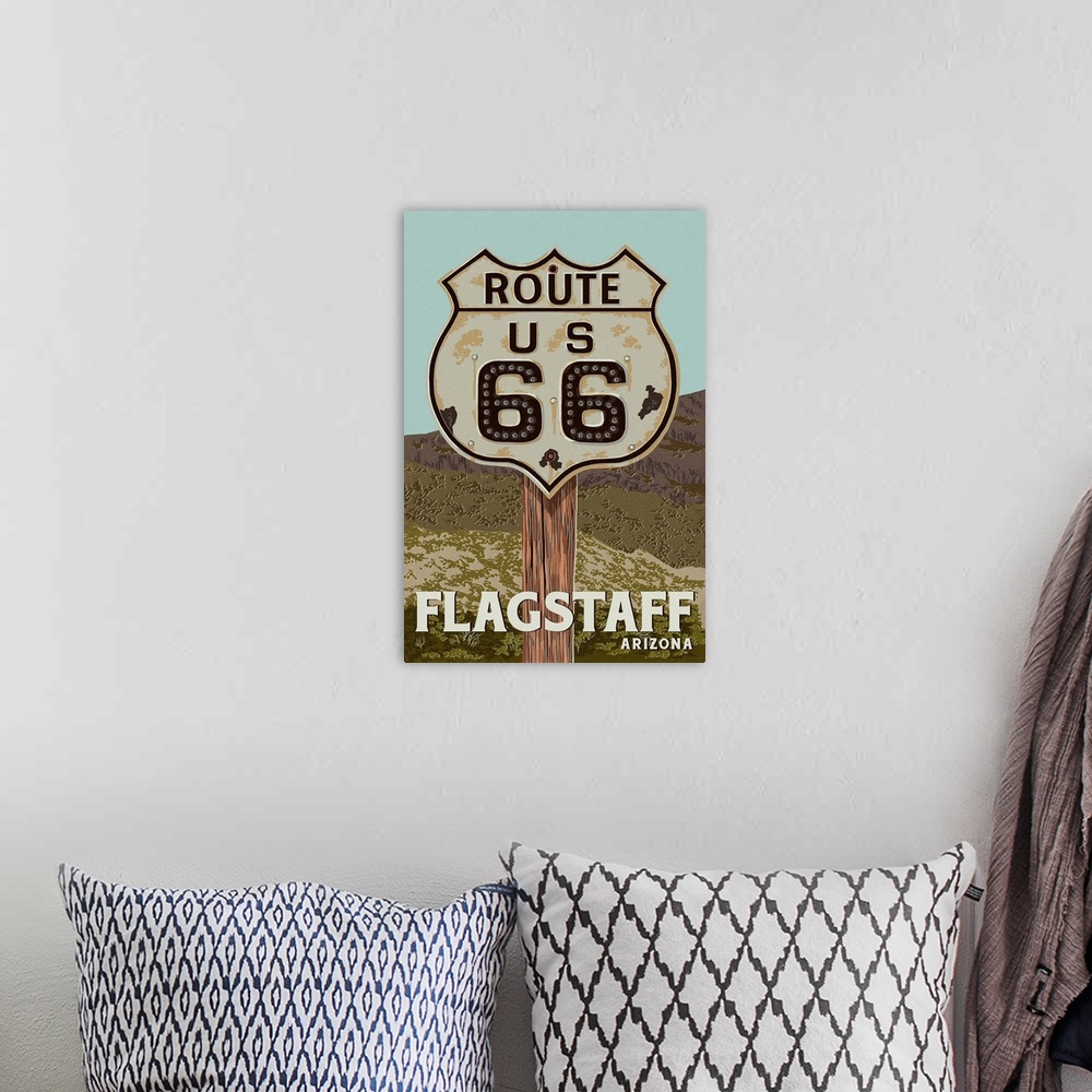 A bohemian room featuring Flagstaff, Arizona - Route 66 - Letterpress