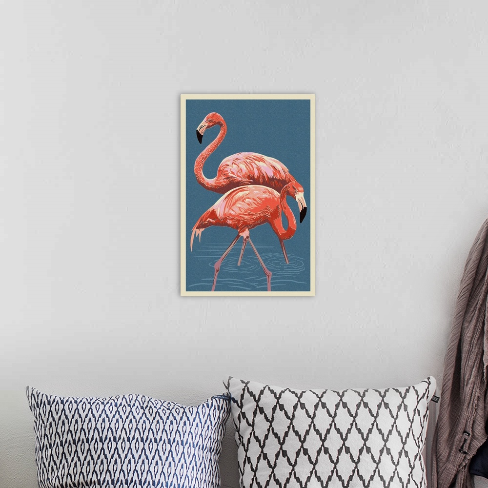 A bohemian room featuring Flamingo - Letterpress: Retro Poster Art