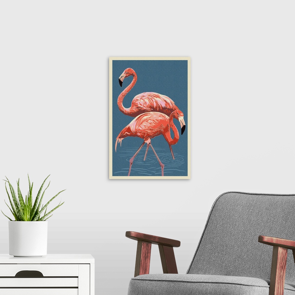 A modern room featuring Flamingo - Letterpress: Retro Poster Art