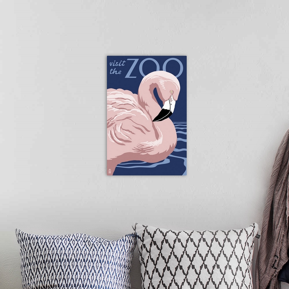 A bohemian room featuring Flamingo - Visit the Zoo: Retro Travel Poster