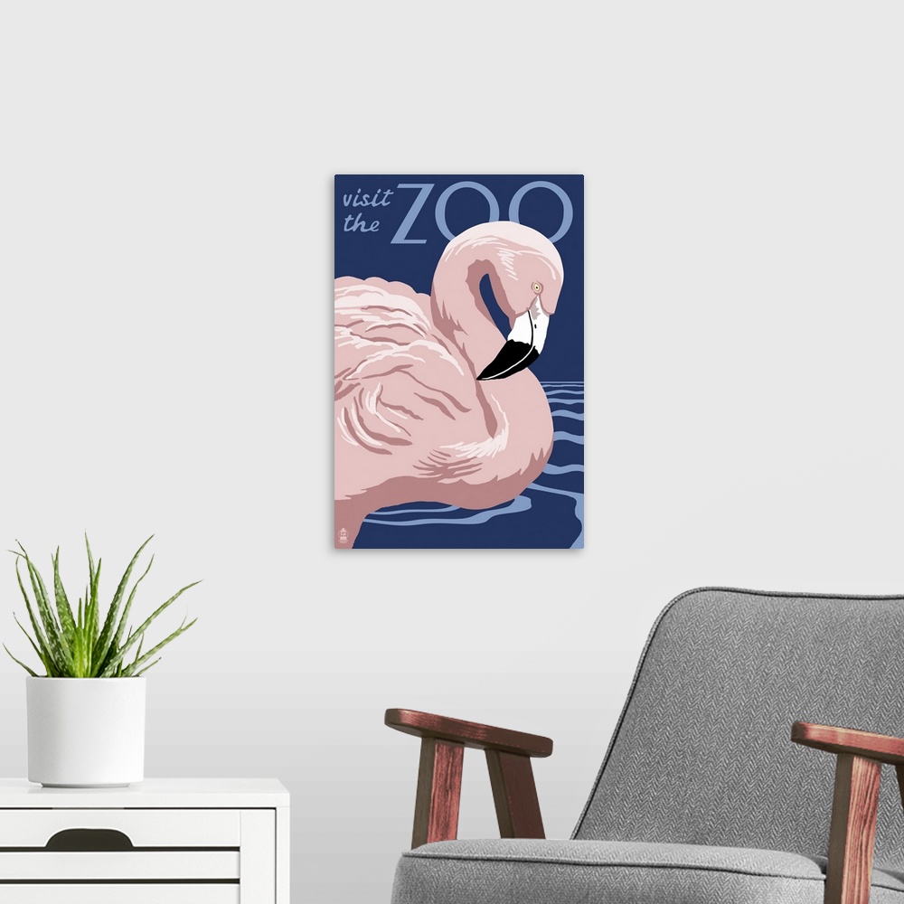 A modern room featuring Flamingo - Visit the Zoo: Retro Travel Poster