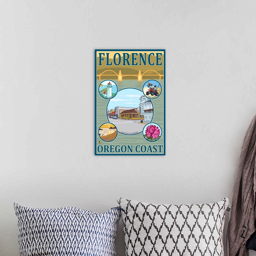 A bohemian room featuring Florence, Oregon Scenes: Retro Travel Poster