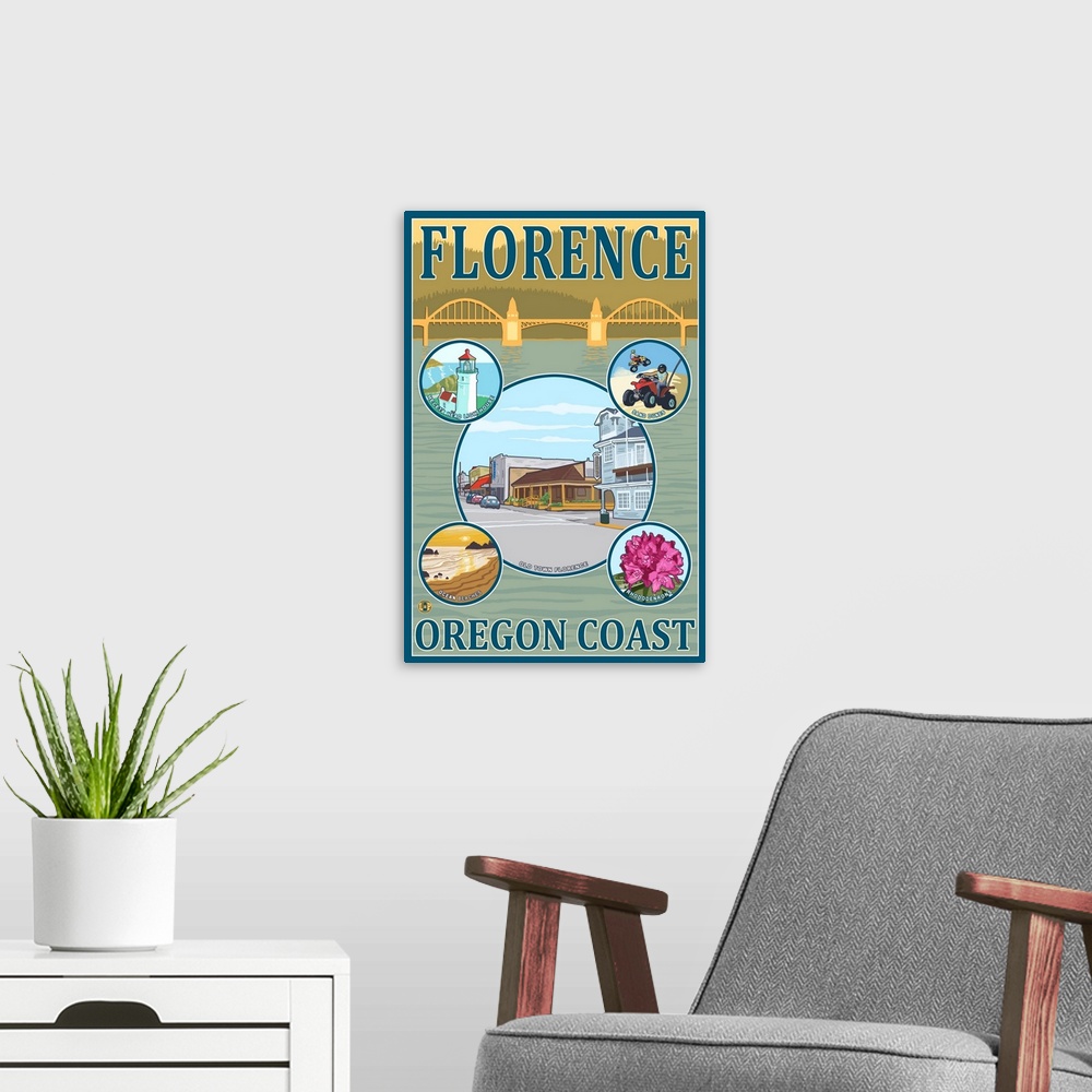 A modern room featuring Florence, Oregon Scenes: Retro Travel Poster
