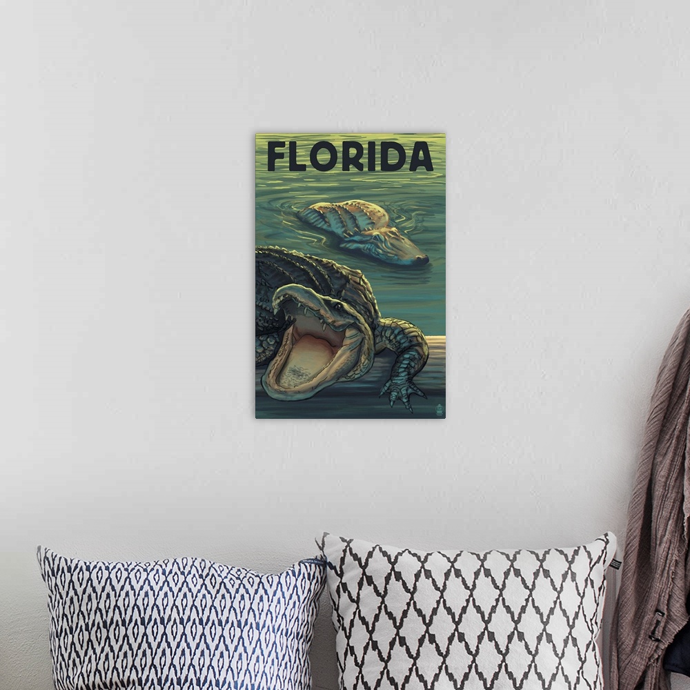 A bohemian room featuring Florida - Alligators: Retro Travel Poster