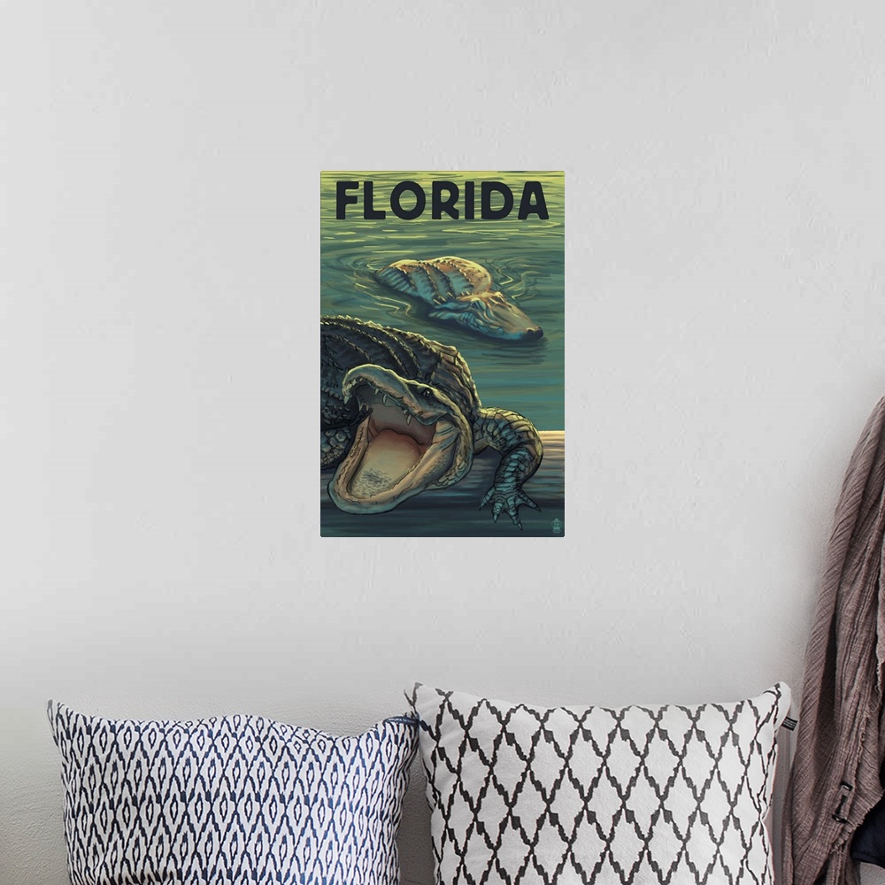 A bohemian room featuring Florida - Alligators: Retro Travel Poster