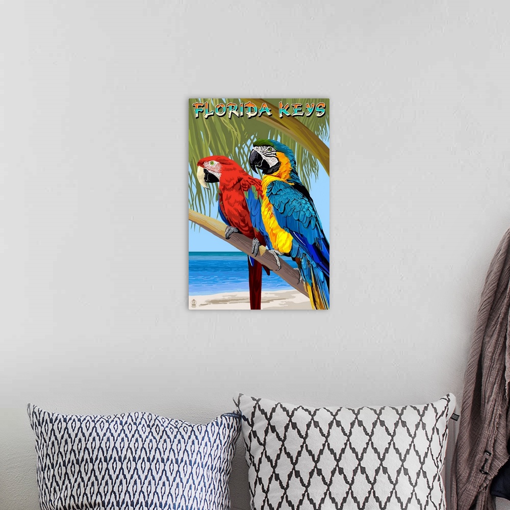 A bohemian room featuring Florida Keys, Florida - Parrots: Retro Travel Poster