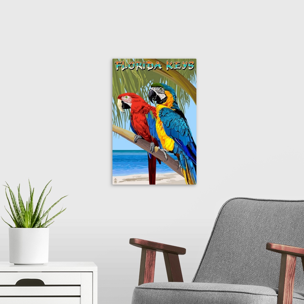 A modern room featuring Florida Keys, Florida - Parrots: Retro Travel Poster