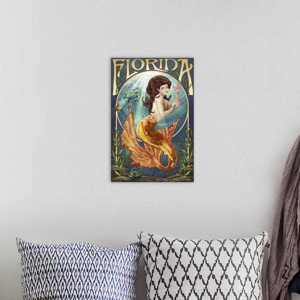A bohemian room featuring Retro stylized art poster of an Art Nouveau style mermaid.