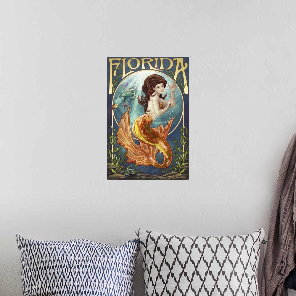 A bohemian room featuring Retro stylized art poster of an Art Nouveau style mermaid.
