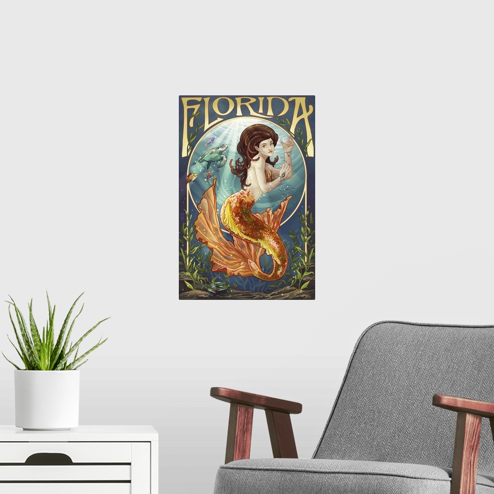 A modern room featuring Retro stylized art poster of an Art Nouveau style mermaid.
