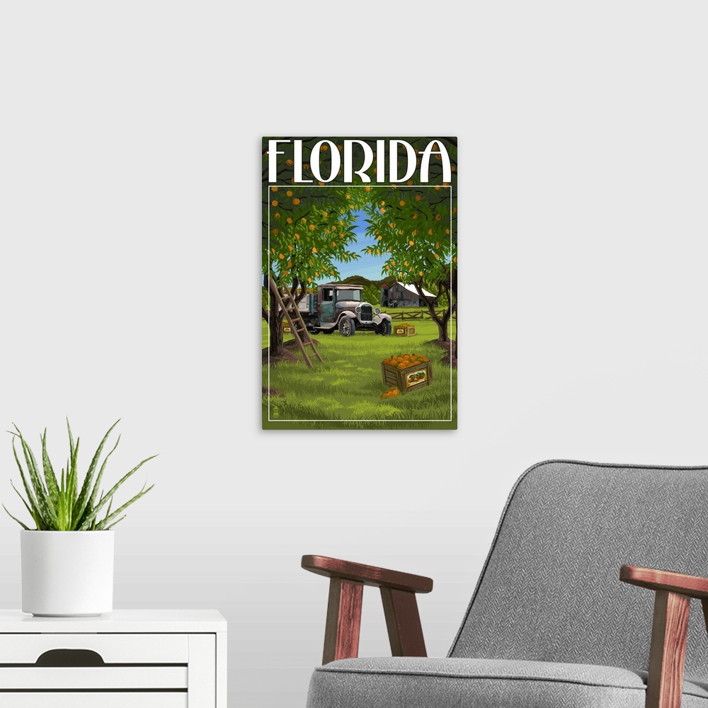A modern room featuring Retro stylized art poster of a vintage truck sitting in an orange orchard.