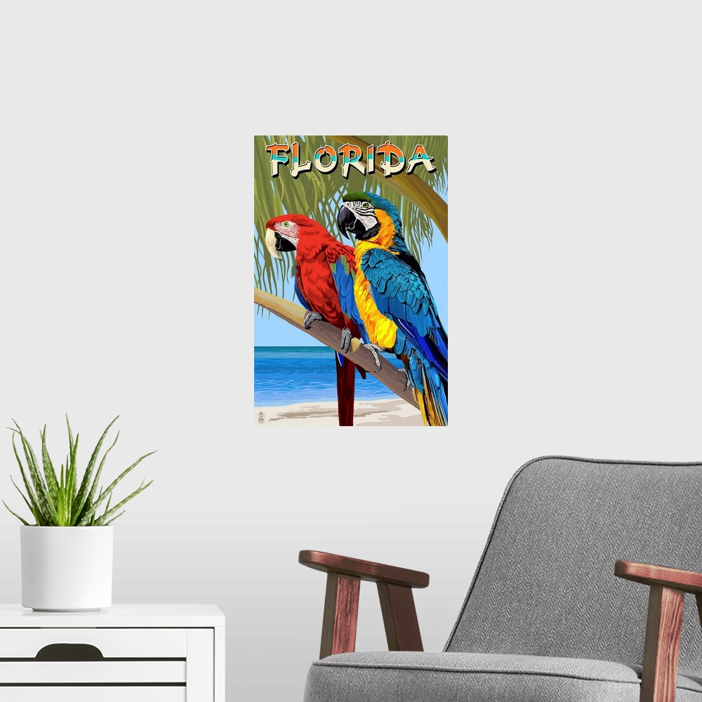 A modern room featuring Florida - Parrots: Retro Travel Poster