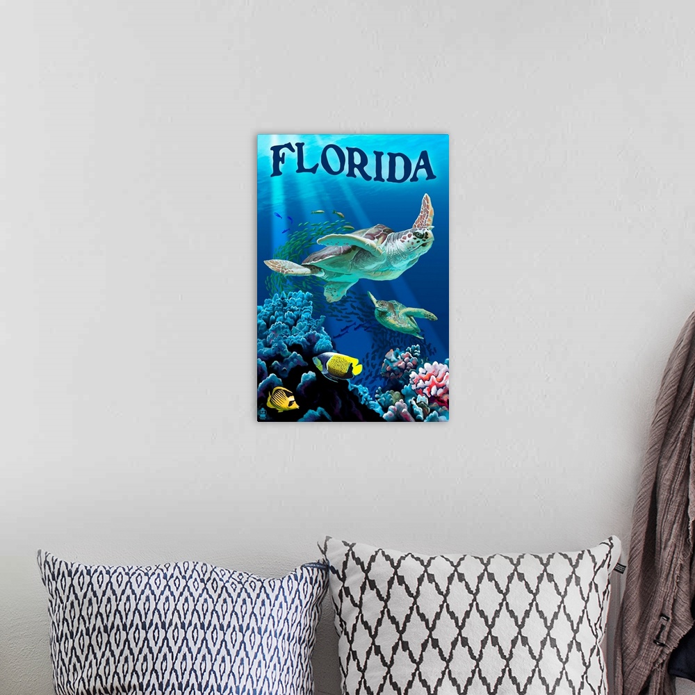A bohemian room featuring Retro stylized art poster of a sea turtles swimming in the ocean, near small tropical fish and co...