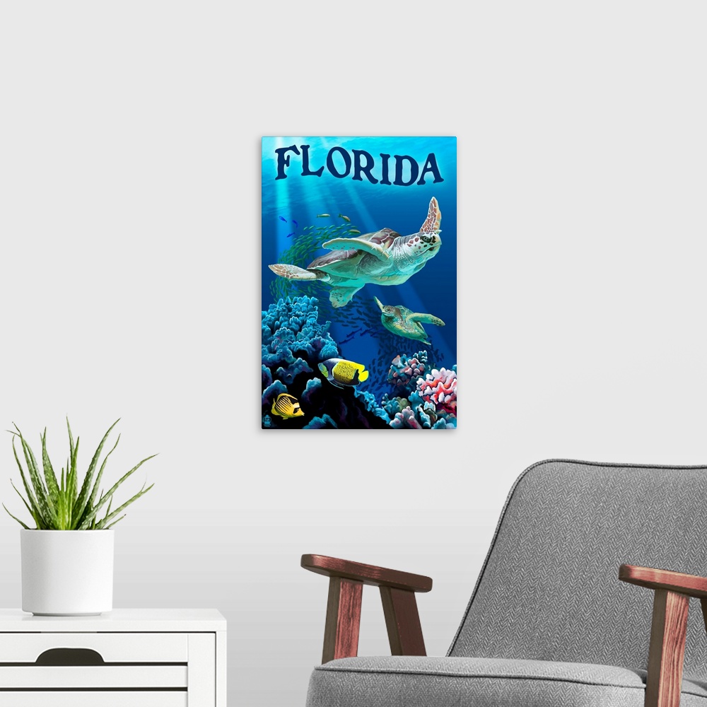 A modern room featuring Retro stylized art poster of a sea turtles swimming in the ocean, near small tropical fish and co...
