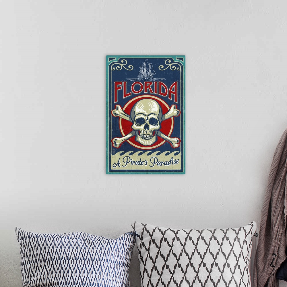 A bohemian room featuring Florida - Skull and Crossbones: Retro Travel Poster