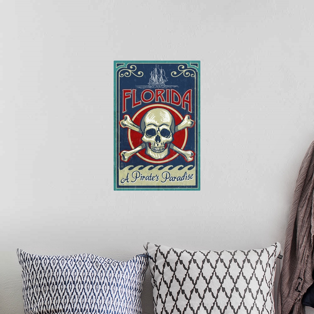 A bohemian room featuring Florida - Skull and Crossbones: Retro Travel Poster