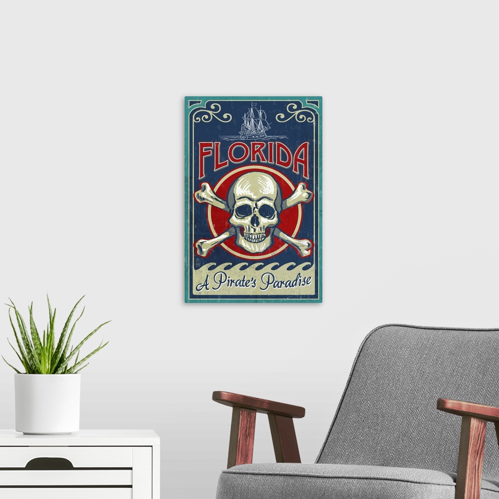 A modern room featuring Florida - Skull and Crossbones: Retro Travel Poster