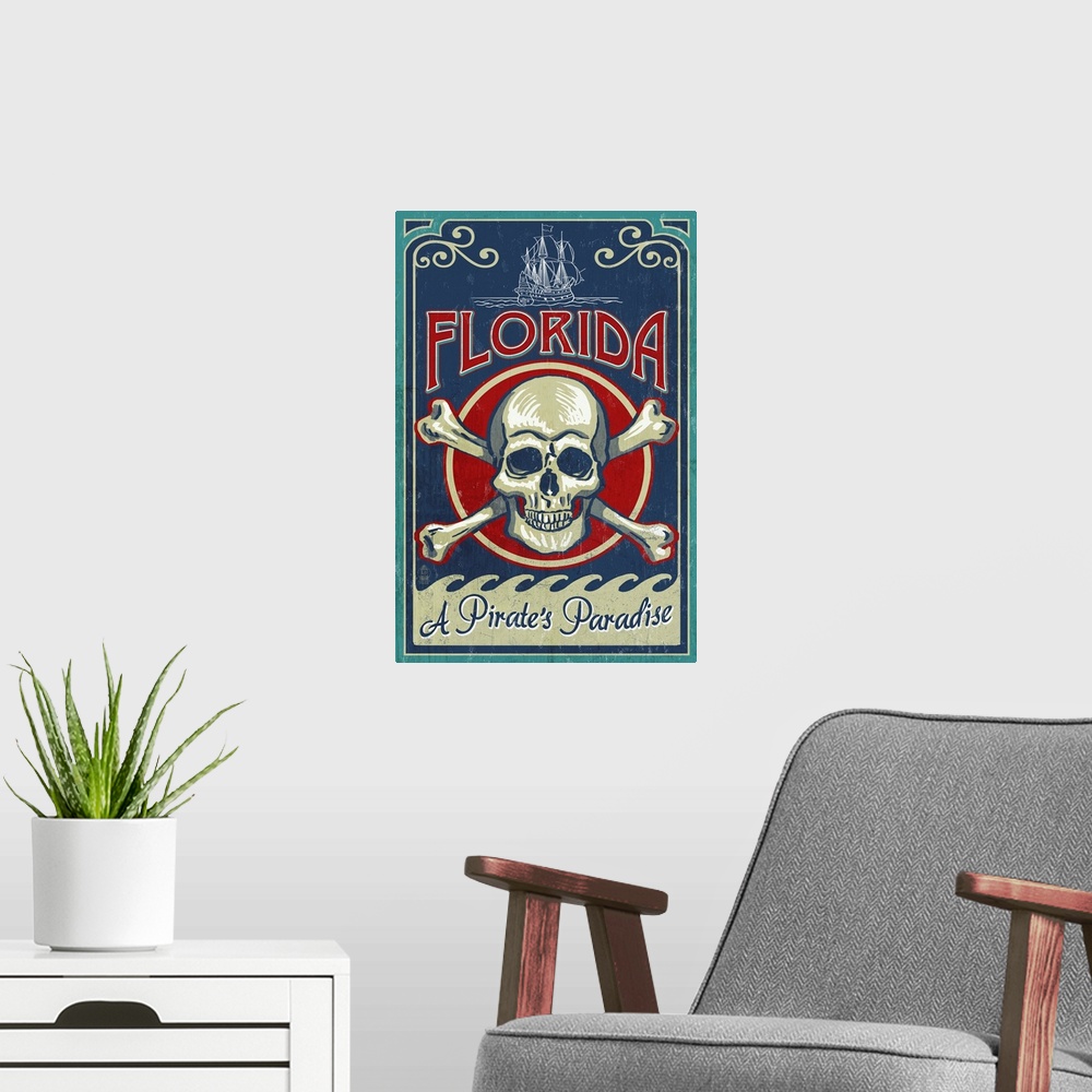 A modern room featuring Florida - Skull and Crossbones: Retro Travel Poster