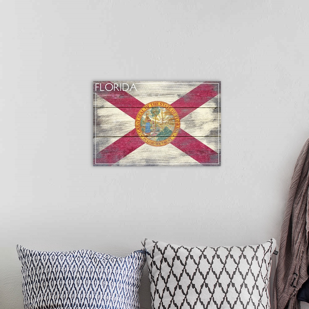 A bohemian room featuring Florida State Flag, Barnwood Painting