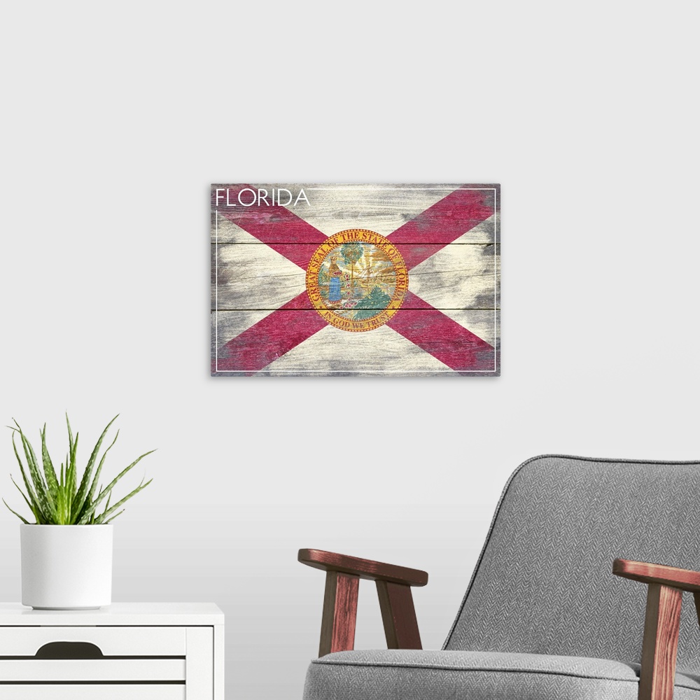 A modern room featuring Florida State Flag, Barnwood Painting