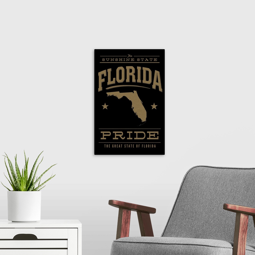 A modern room featuring The Florida state outline on black with gold text.