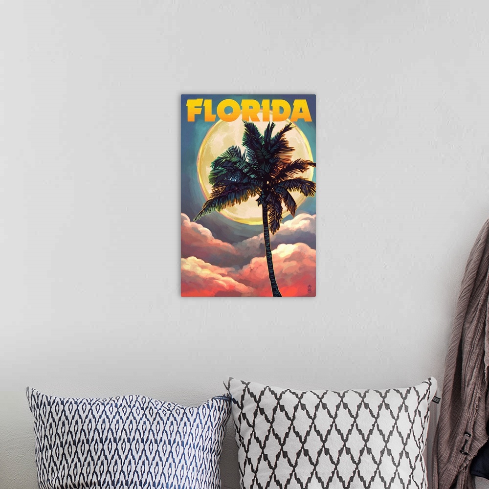 A bohemian room featuring Florida - Sunset and Palm Tree: Retro Travel Poster