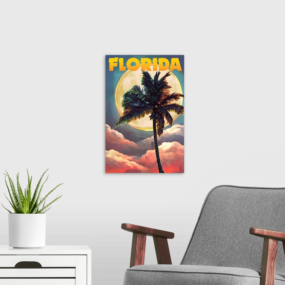 A modern room featuring Florida - Sunset and Palm Tree: Retro Travel Poster