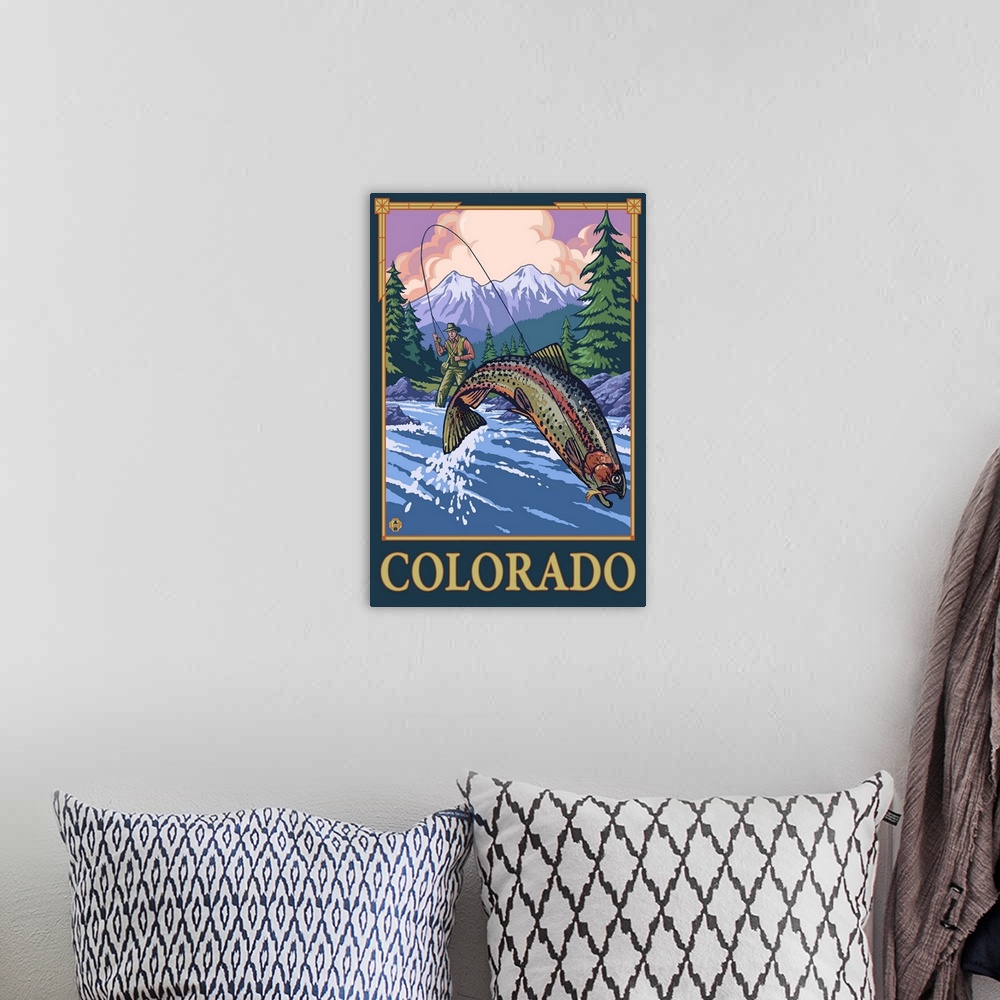 A bohemian room featuring Fly Fisherman - Colorado: Retro Travel Poster
