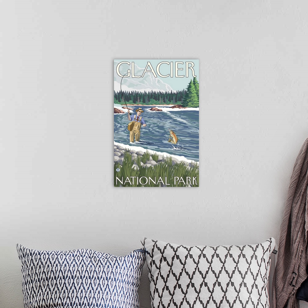 A bohemian room featuring Fly Fisherman - Glacier National Park, Montana: Retro Travel Poster