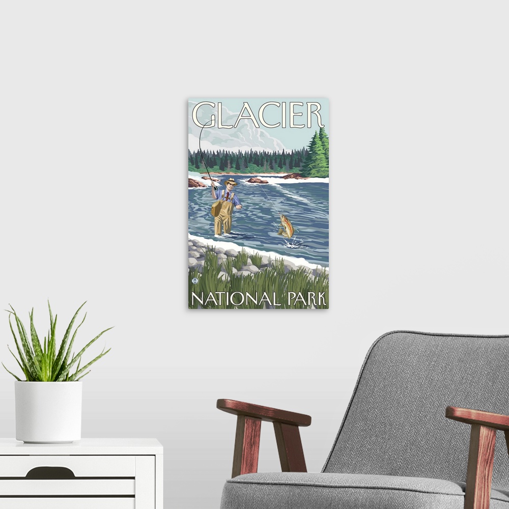 A modern room featuring Fly Fisherman - Glacier National Park, Montana: Retro Travel Poster