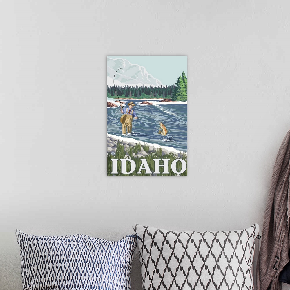 A bohemian room featuring Fly Fisherman - Idaho: Retro Travel Poster