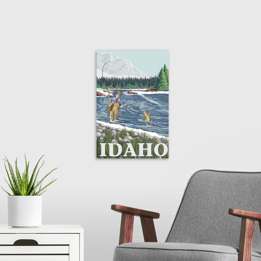 A modern room featuring Fly Fisherman - Idaho: Retro Travel Poster