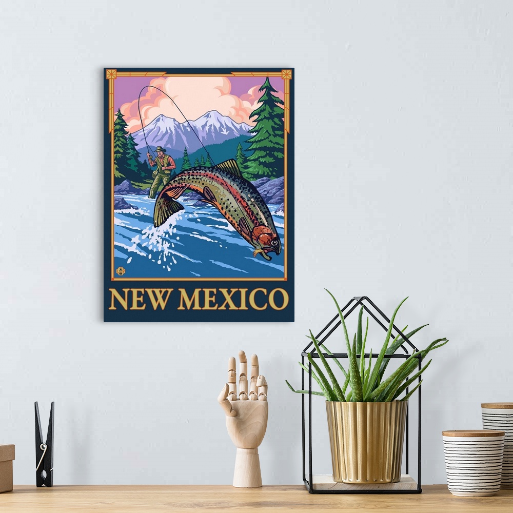 A bohemian room featuring Fly Fisherman - New Mexico: Retro Travel Poster