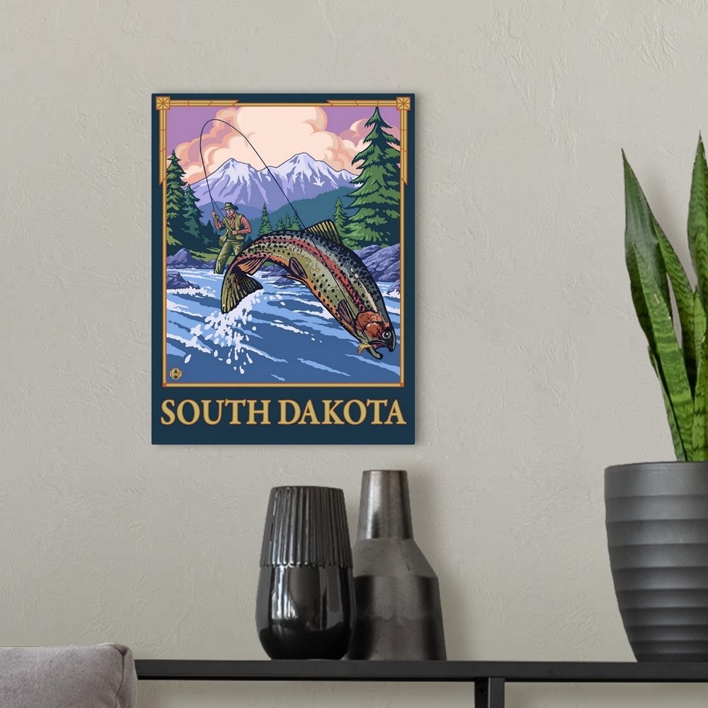 A modern room featuring Fly Fisherman - South Dakota: Retro Travel Poster