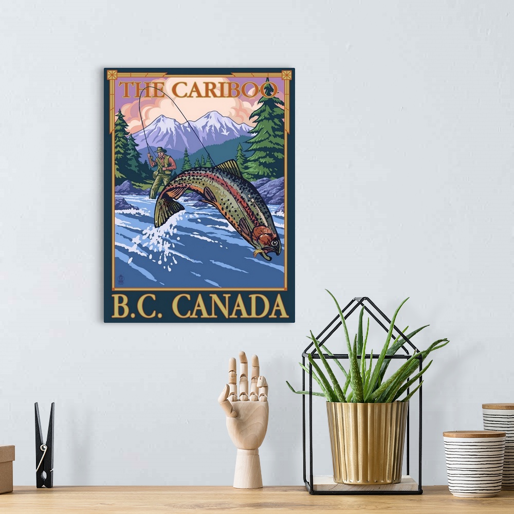 A bohemian room featuring Retro stylized art poster of a fisherman catching a fish in a river. With mountains in the backgr...