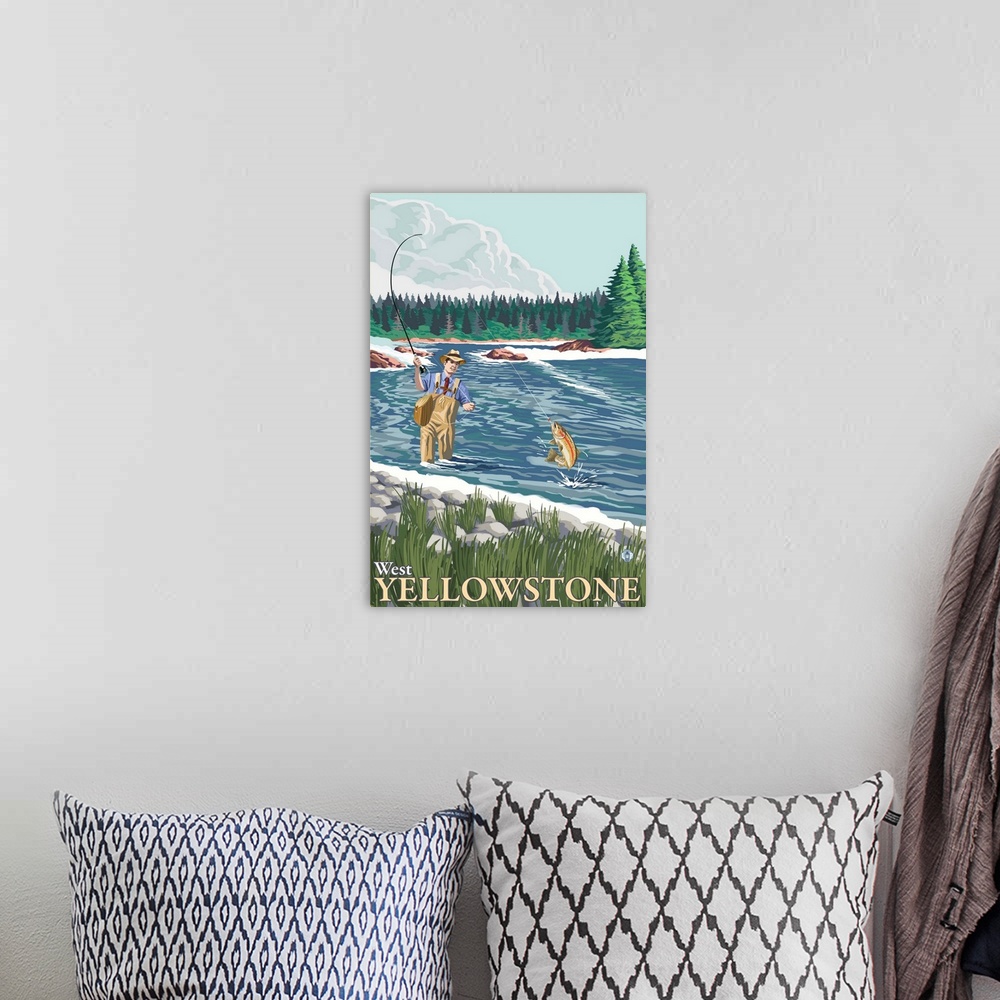 A bohemian room featuring Fly Fisherman - West Yellowstone, Montana: Retro Travel Poster