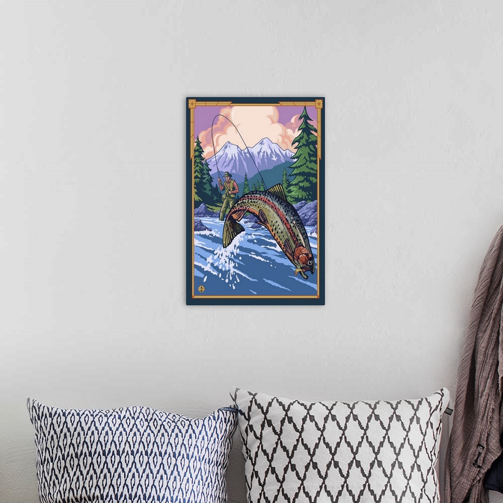 A bohemian room featuring Fly Fisherman with Fish Jumping