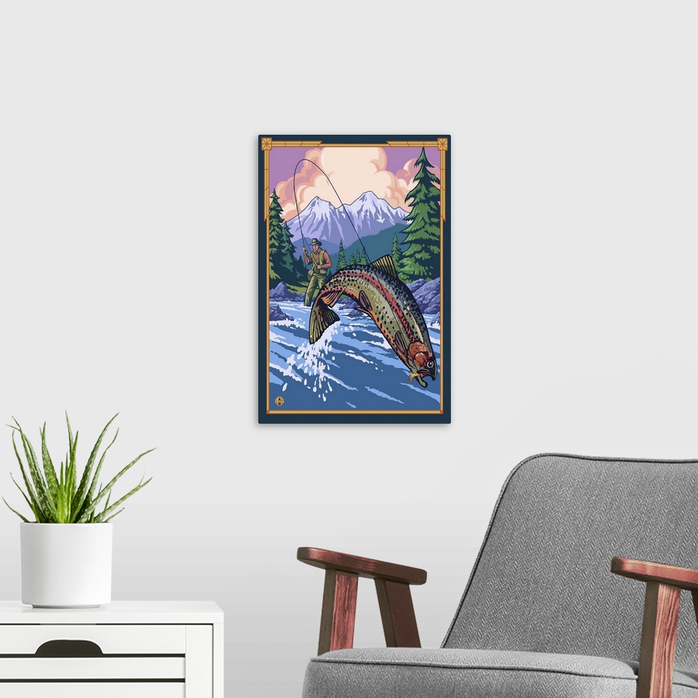 A modern room featuring Fly Fisherman with Fish Jumping