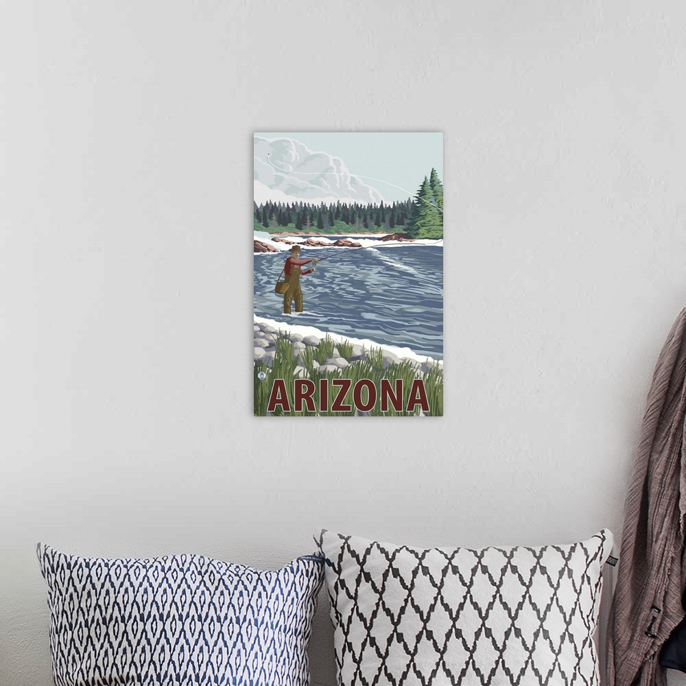 A bohemian room featuring Fly Fishing Scene - Arizona: Retro Travel Poster