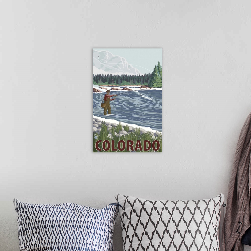 A bohemian room featuring Fly Fishing Scene - Colorado: Retro Travel Poster