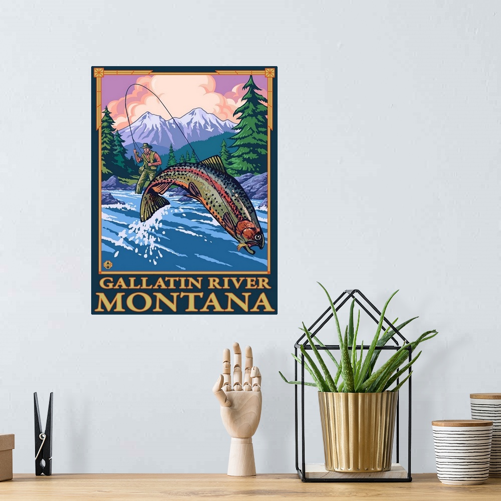 A bohemian room featuring Fly Fishing Scene - Gallatin River, Montana: Retro Travel Poster