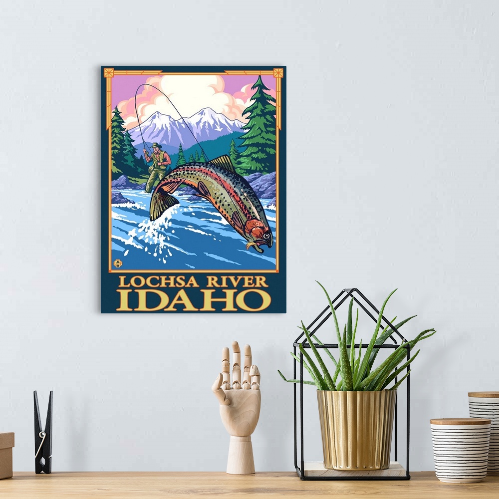 A bohemian room featuring Fly Fishing Scene - Lochsa River, Idaho: Retro Travel Poster