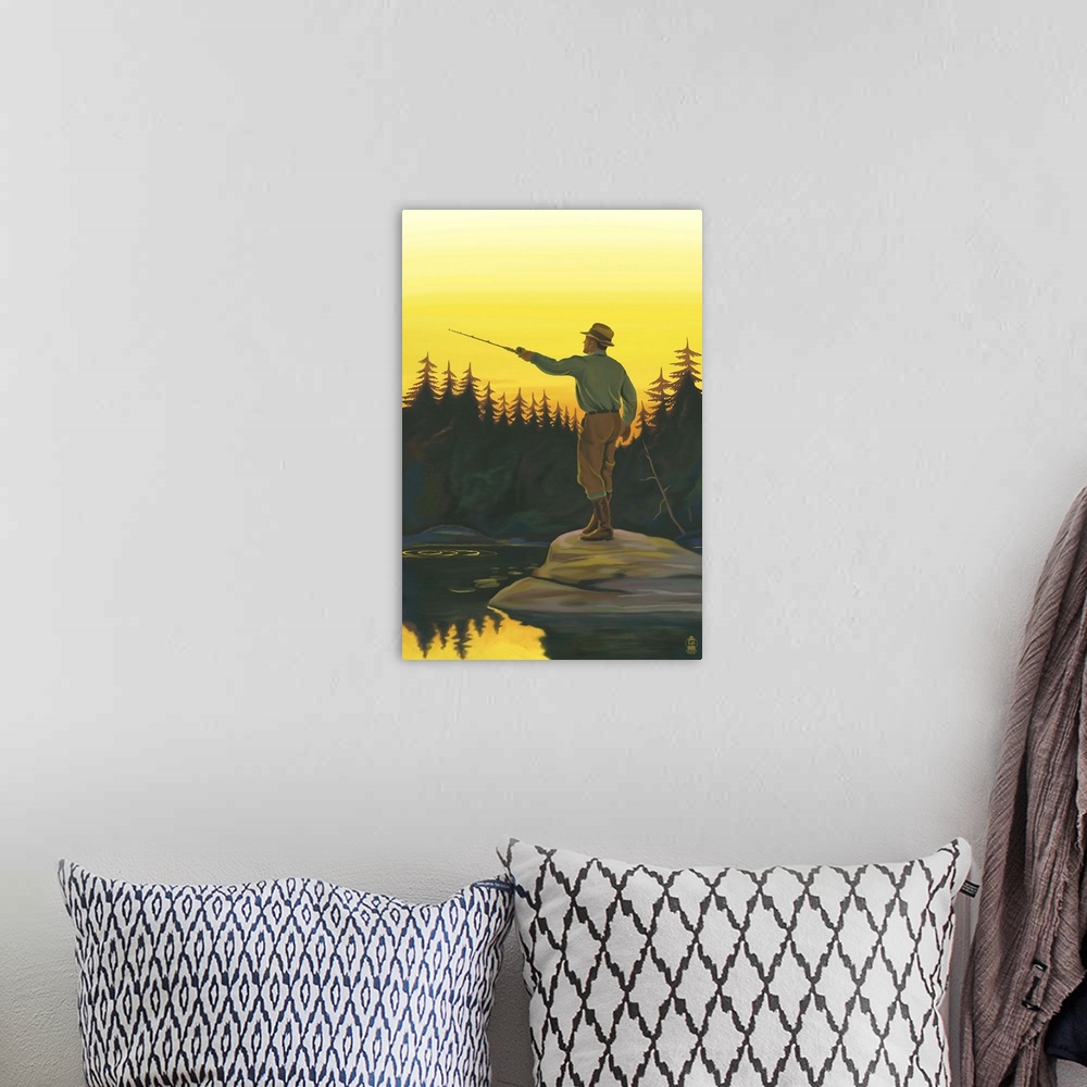 A bohemian room featuring Fly Fishing Scene: Retro Poster Art