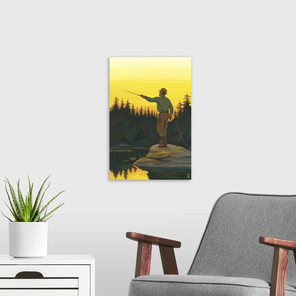 A modern room featuring Fly Fishing Scene: Retro Poster Art