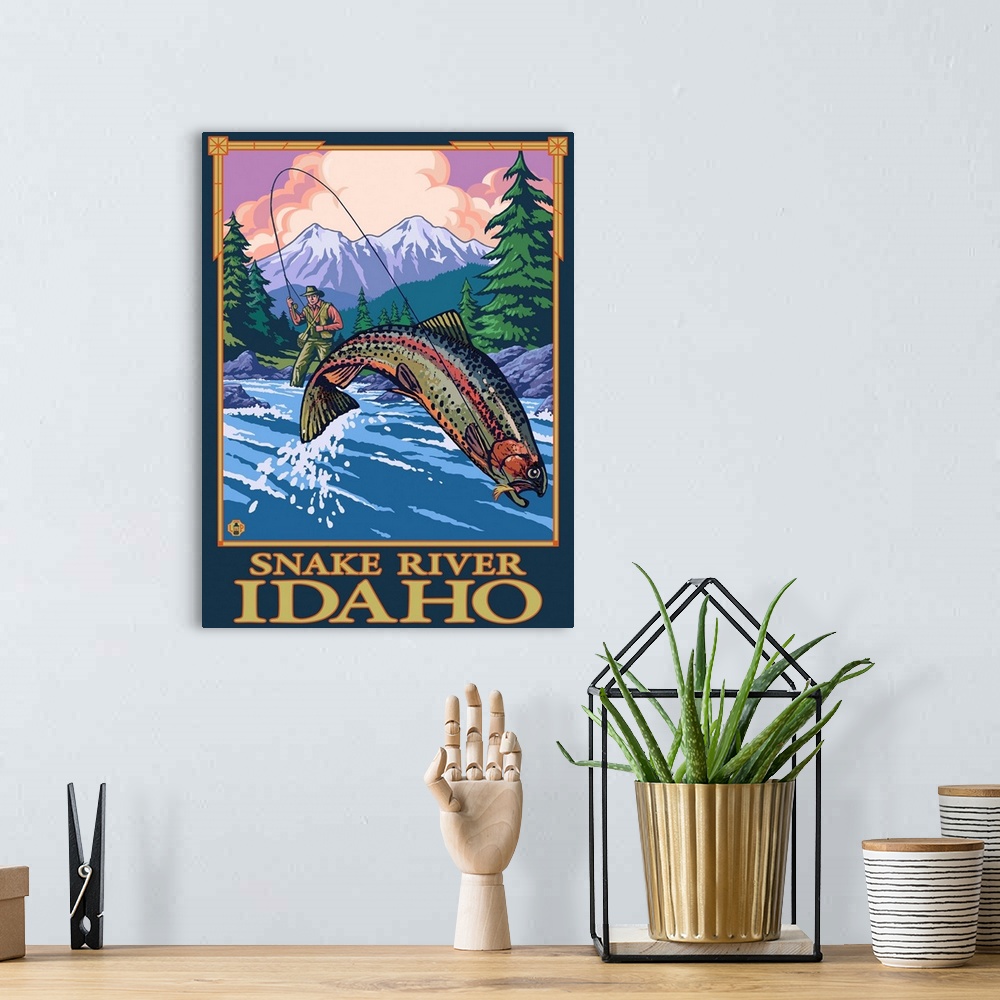 A bohemian room featuring Fly Fishing Scene - Snake River, Idaho: Retro Travel Poster