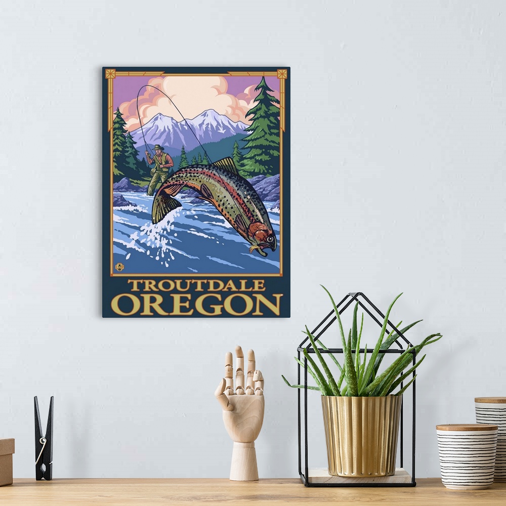 A bohemian room featuring Fly Fishing Scene - Troutdale, Oregon: Retro Travel Poster