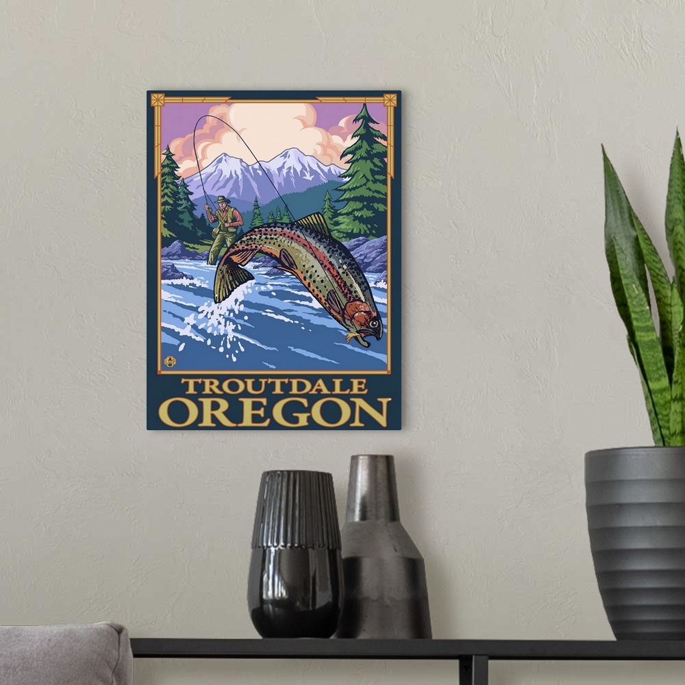 A modern room featuring Fly Fishing Scene - Troutdale, Oregon: Retro Travel Poster