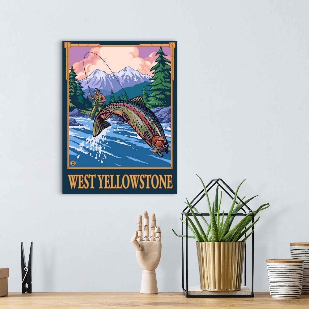 A bohemian room featuring Fly Fishing Scene - West Yellowstone: Retro Travel Poster