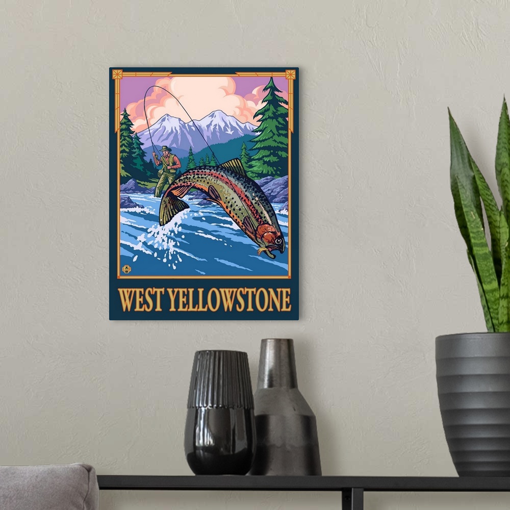 A modern room featuring Fly Fishing Scene - West Yellowstone: Retro Travel Poster